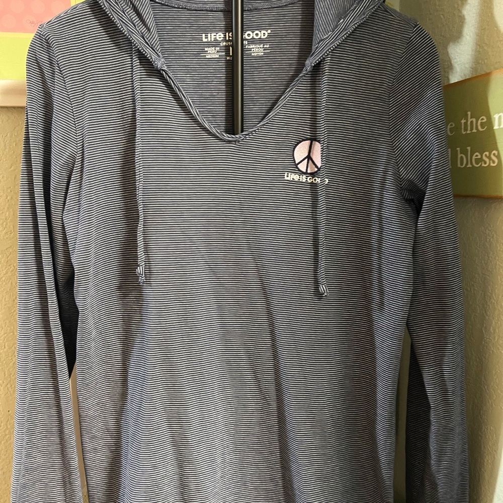 Life Is Good Women's Blue & White Striped Lightweight Hoodie #029